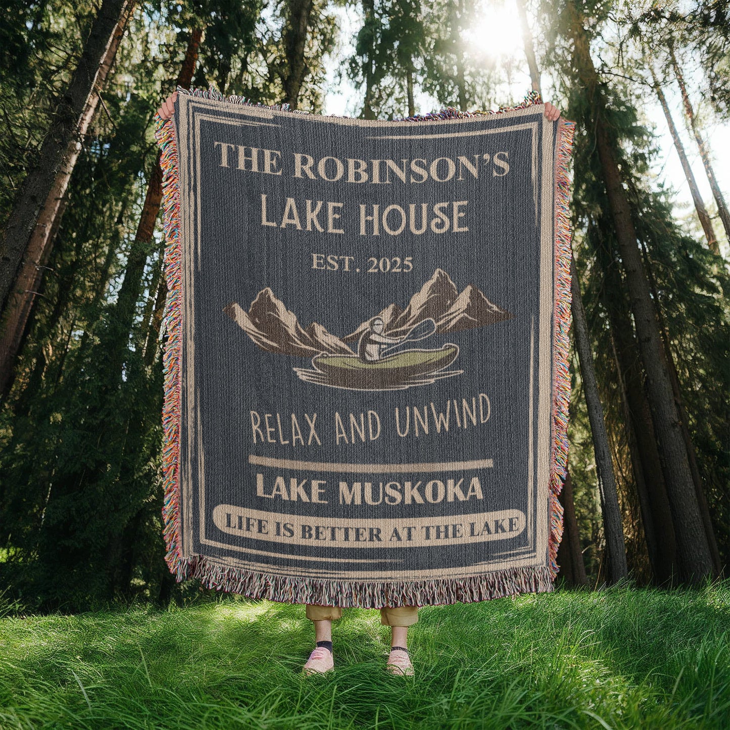 Personalized Woven Blanket for Lake House Owner - Family Name Lake House - Relax and Unwind