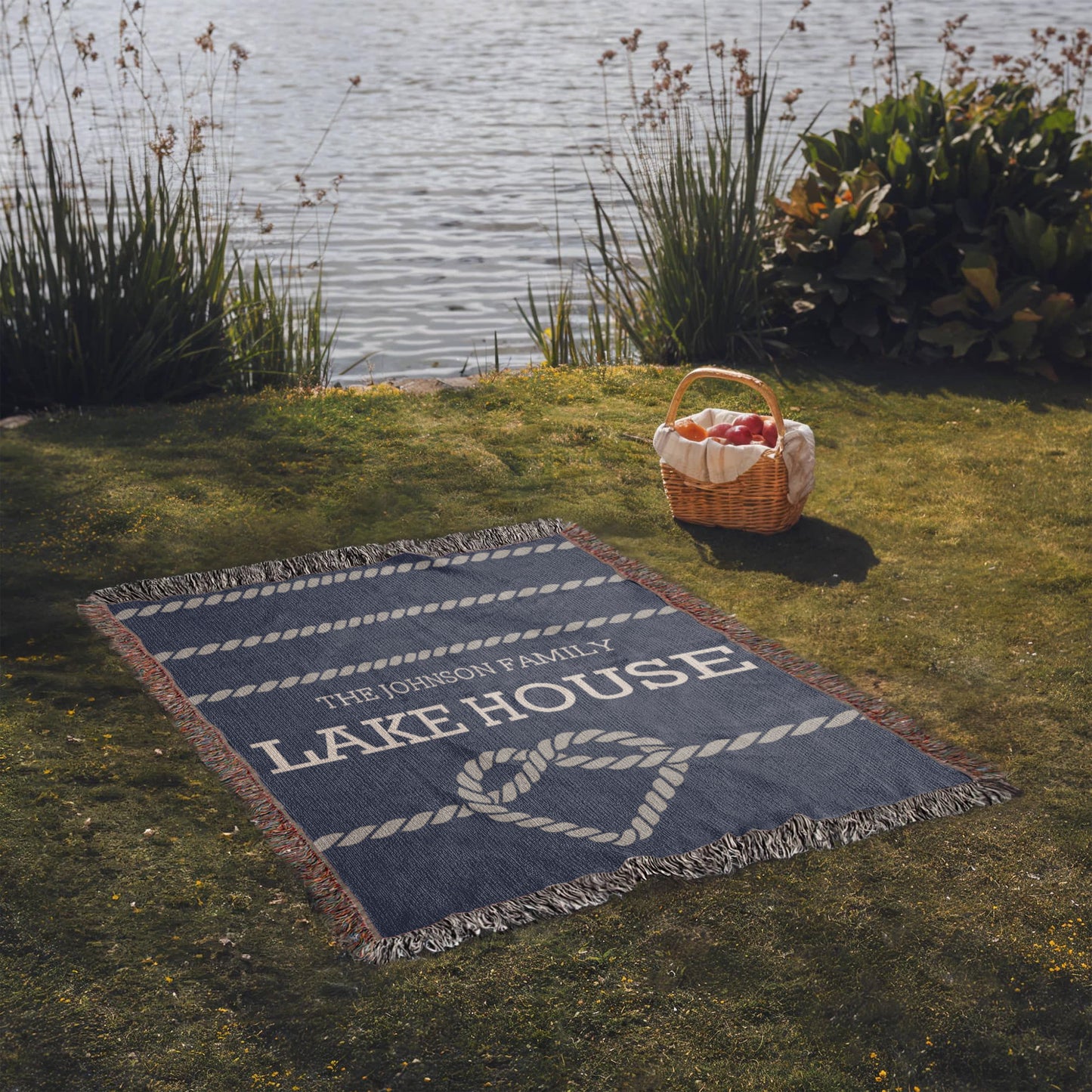Personalized Woven Blanket for Lake House Owner - Family Name Lake House with Heart Rope