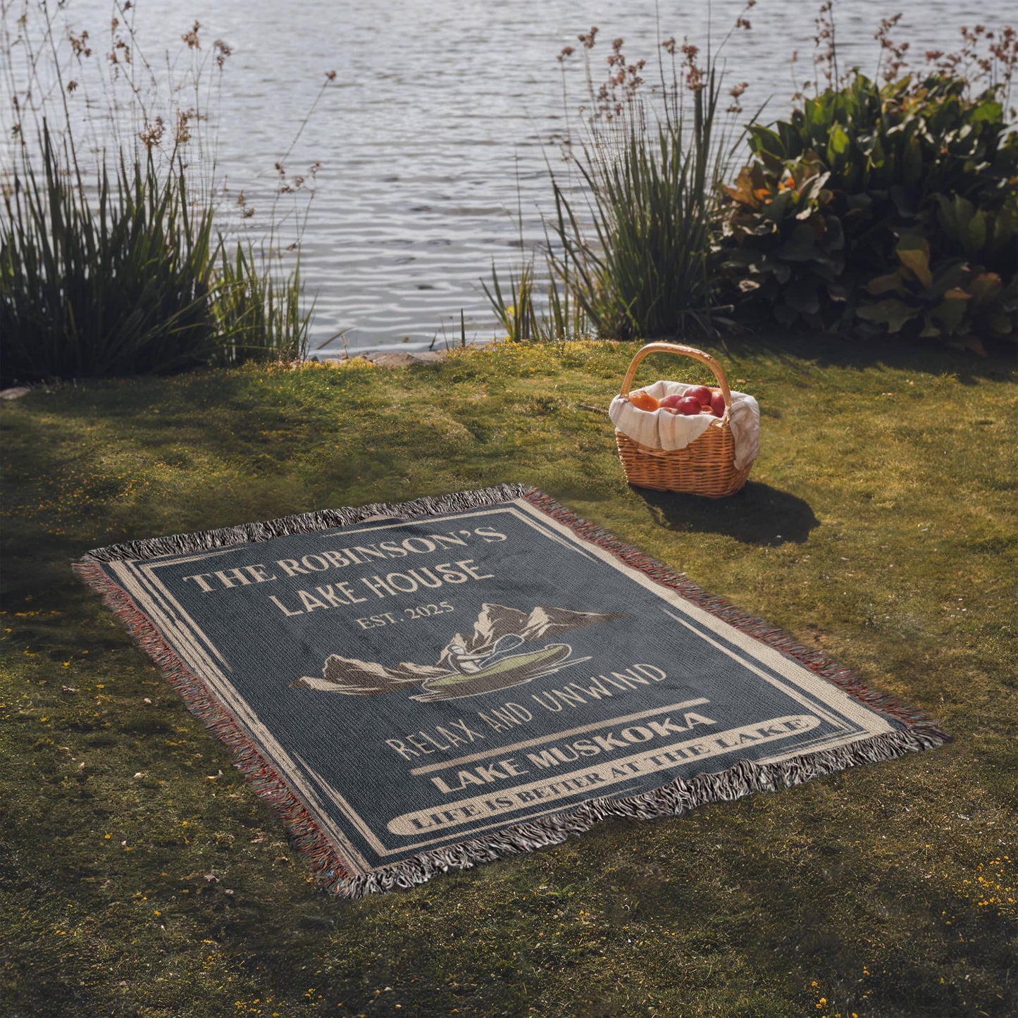 Personalized Woven Blanket for Lake House Owner - Family Name Lake House - Relax and Unwind