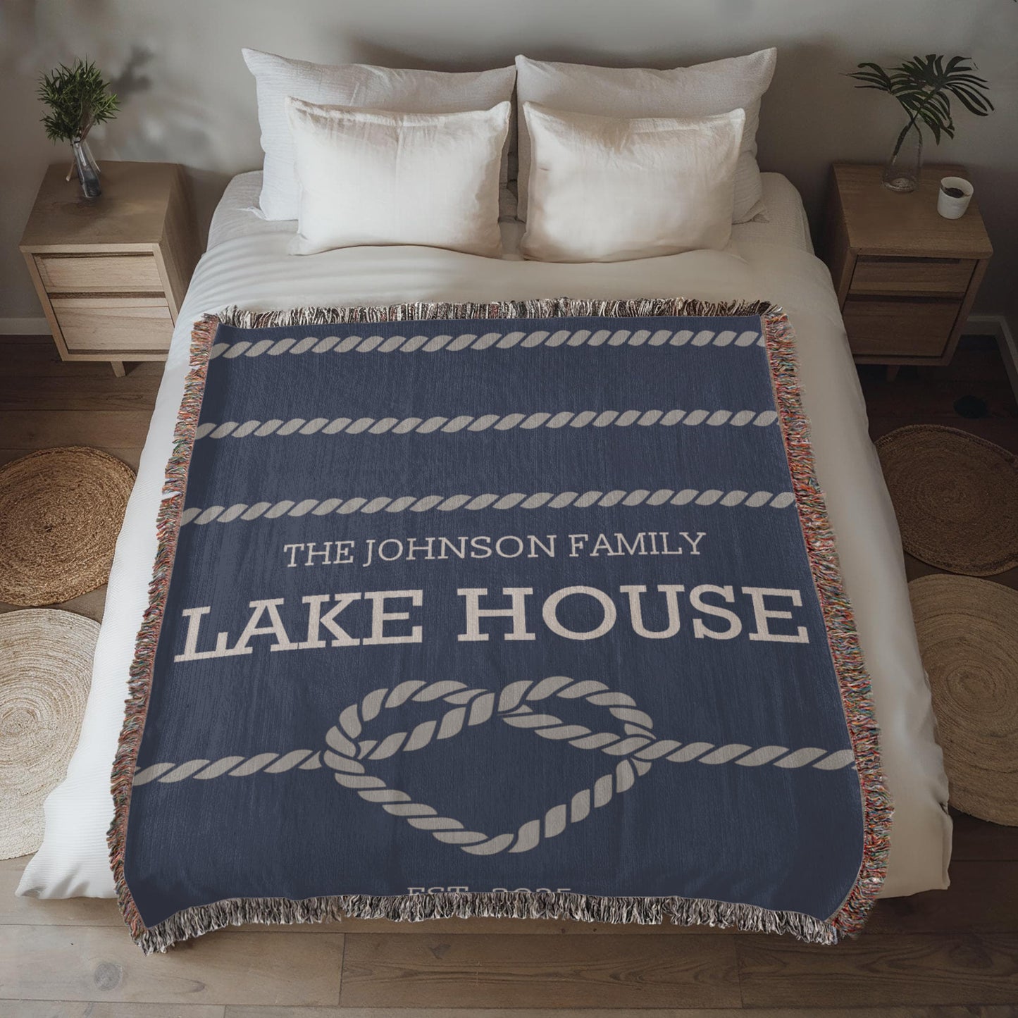 Personalized Woven Blanket for Lake House Owner - Family Name Lake House with Heart Rope