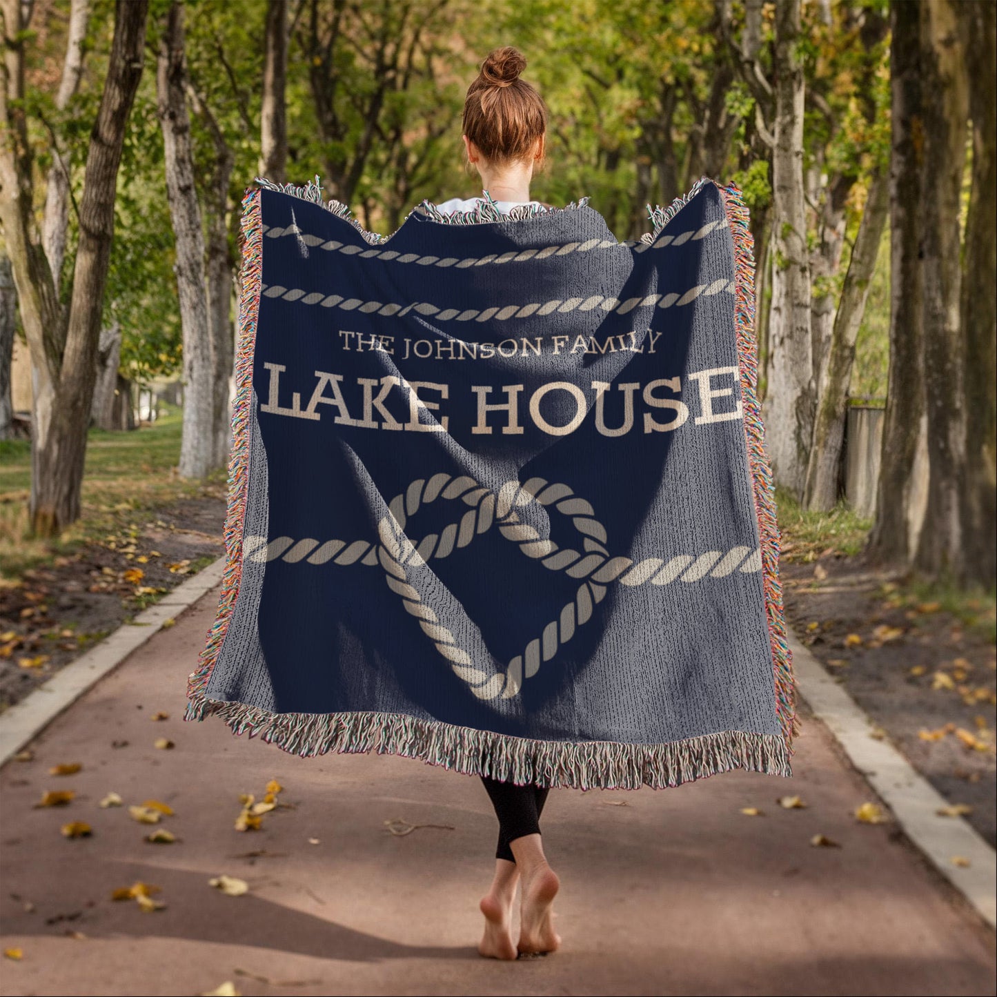 Personalized Woven Blanket for Lake House Owner - Family Name Lake House with Heart Rope