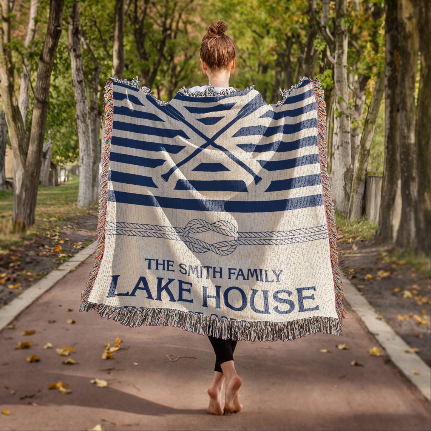 Personalized Woven Blanket for Lake House Owner - Family Name Lake House - Knot - Paddles - Canoes