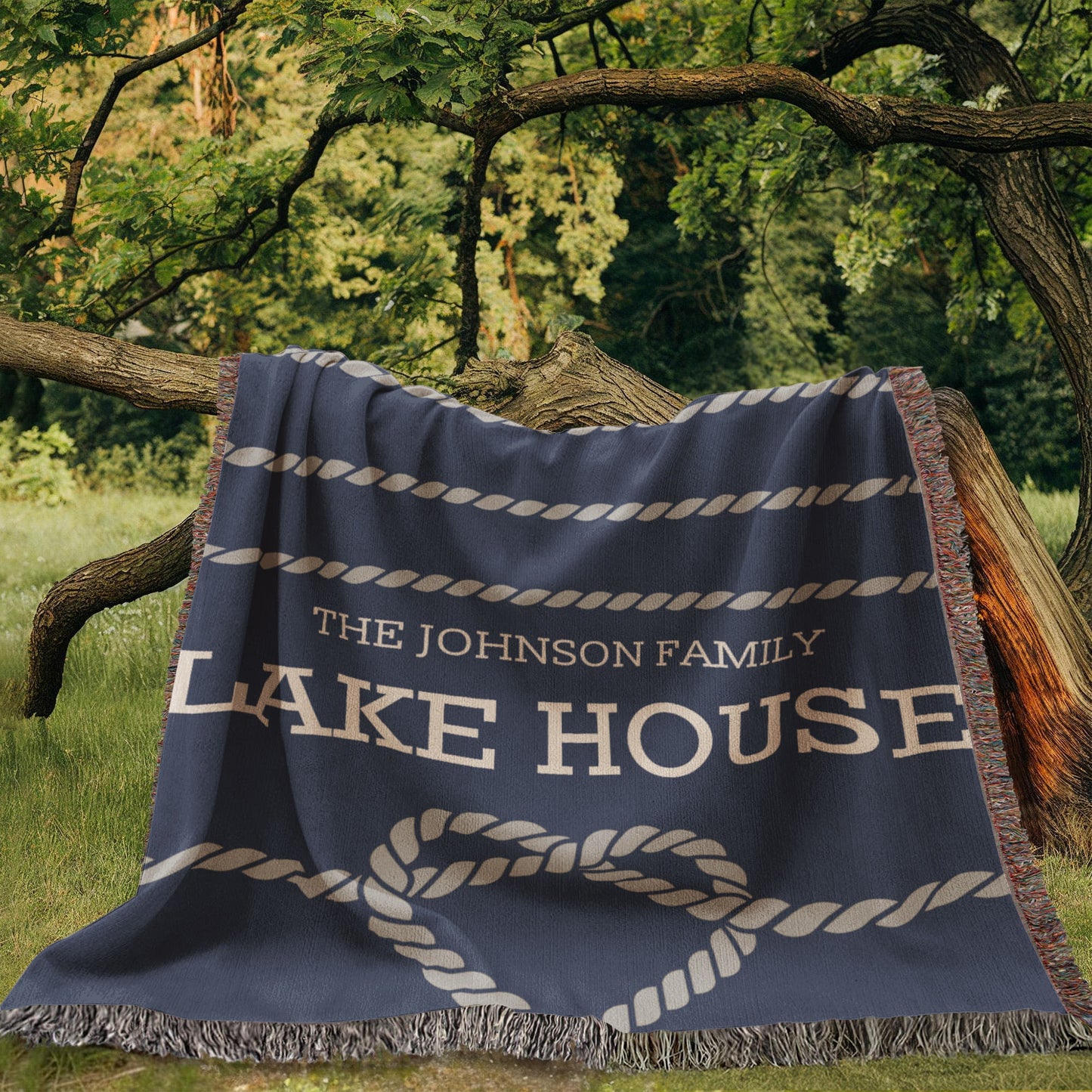 Personalized Woven Blanket for Lake House Owner - Family Name Lake House with Heart Rope