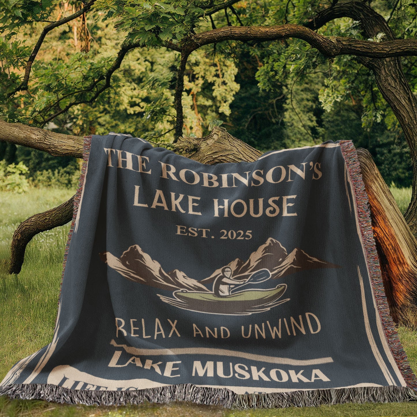 Personalized Woven Blanket for Lake House Owner - Family Name Lake House - Relax and Unwind