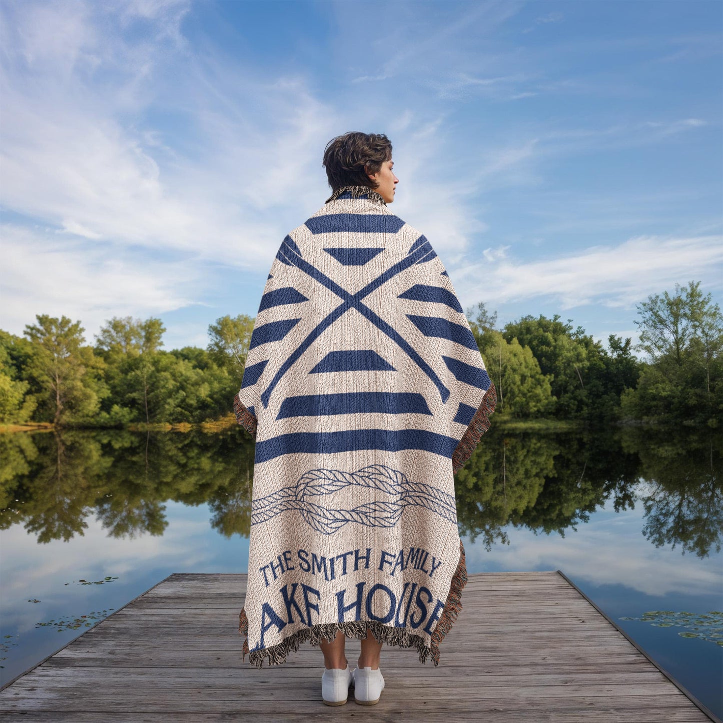 Personalized Woven Blanket for Lake House Owner - Family Name Lake House - Knot - Paddles - Canoes