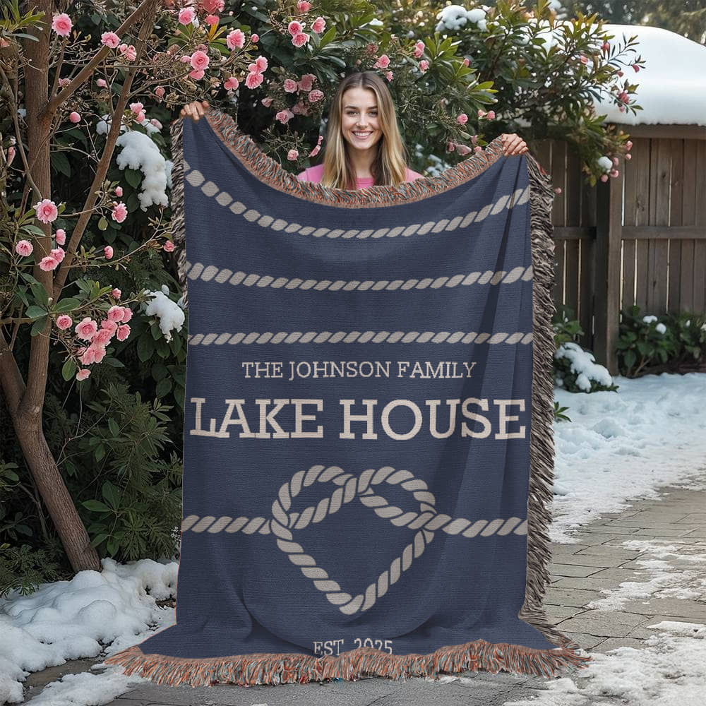 Personalized Woven Blanket for Lake House Owner - Family Name Lake House with Heart Rope