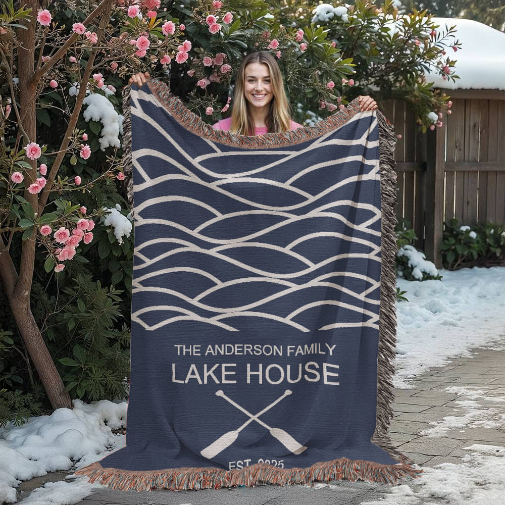 Personalized Woven Blanket for Lake House Owner - Family Name Lake House - Established - Waves and Paddles