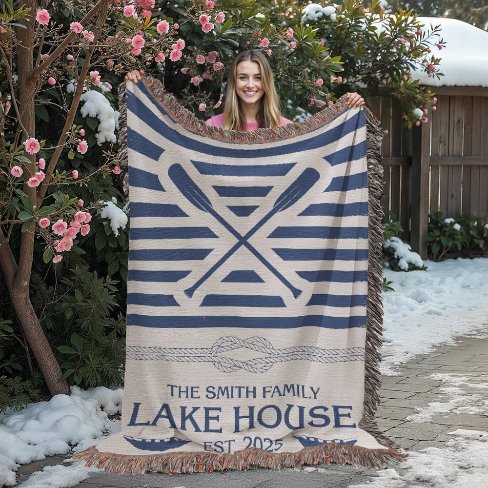 Personalized Woven Blanket for Lake House Owner - Family Name Lake House - Knot - Paddles - Canoes