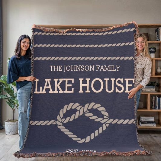 Personalized Woven Blanket for Lake House Owner - Family Name Lake House with Heart Rope