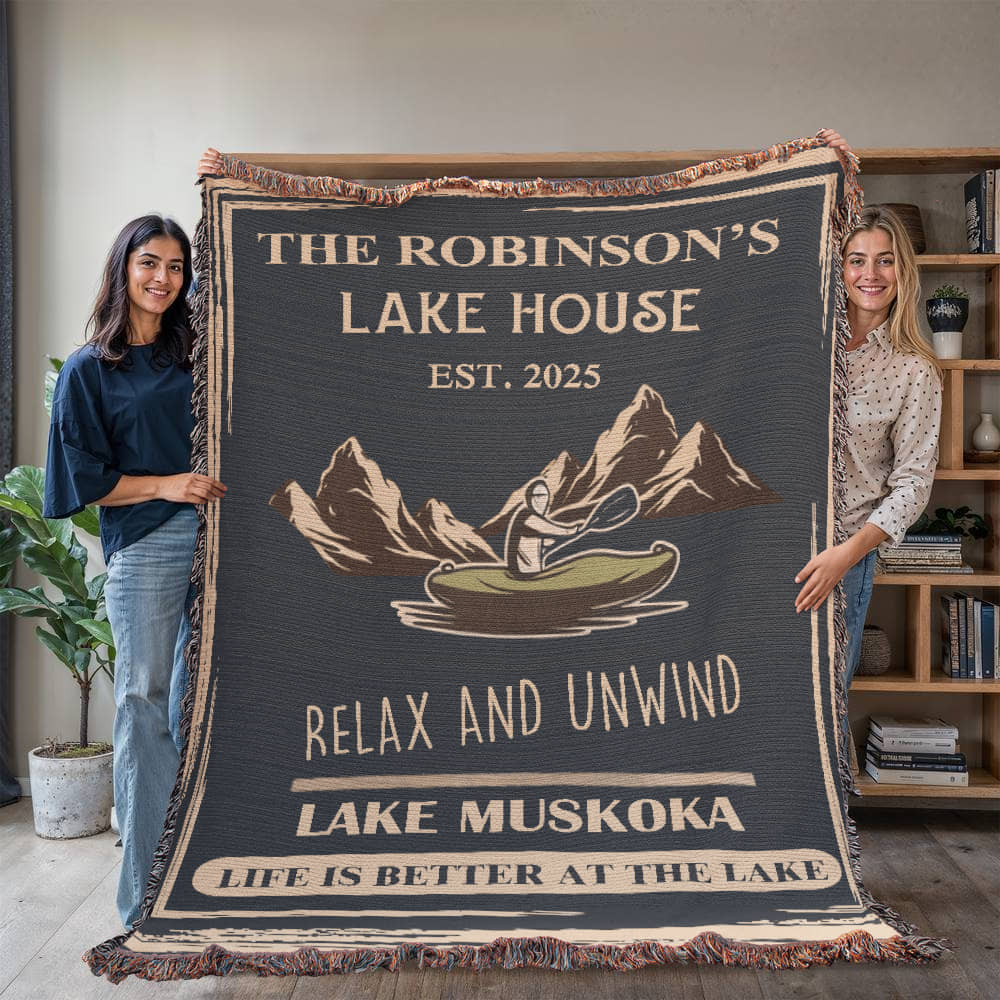 Personalized Woven Blanket for Lake House Owner - Family Name Lake House - Relax and Unwind