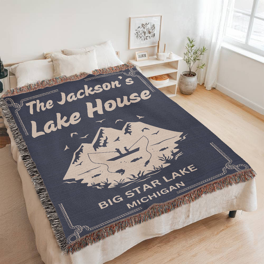 Personalized Woven Blanket for Lake House Owner - Family Name Lake House with Lake Name