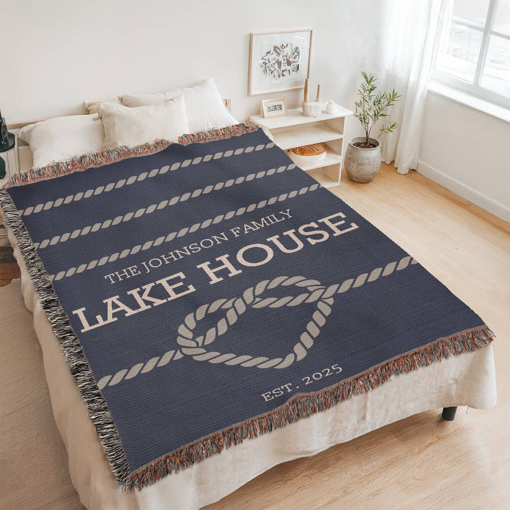Personalized Woven Blanket for Lake House Owner - Family Name Lake House with Heart Rope