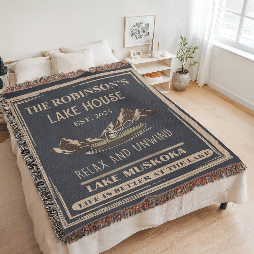 Personalized Woven Blanket for Lake House Owner - Family Name Lake House - Relax and Unwind