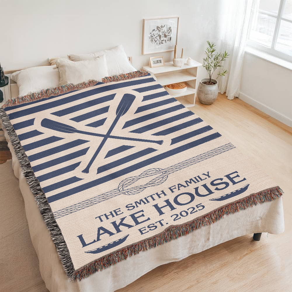 Personalized Woven Blanket for Lake House Owner - Family Name Lake House - Knot - Paddles - Canoes