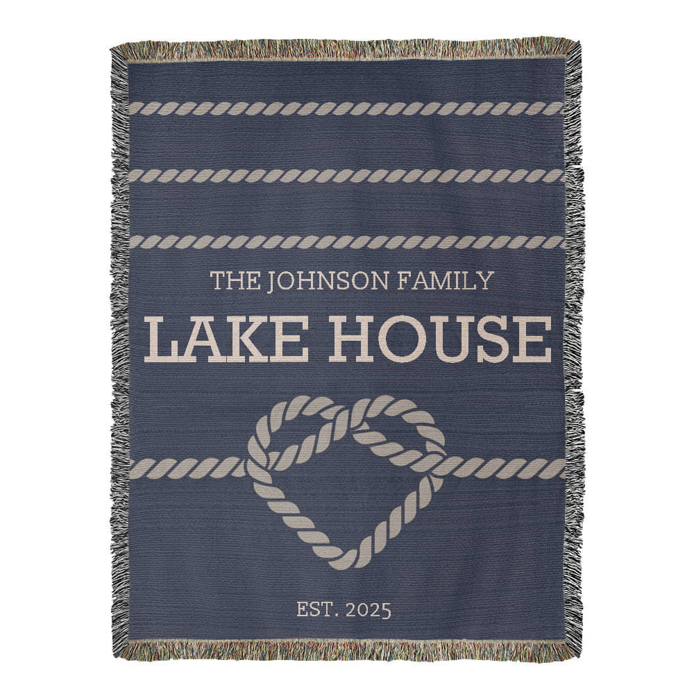Personalized Woven Blanket for Lake House Owner - Family Name Lake House with Heart Rope