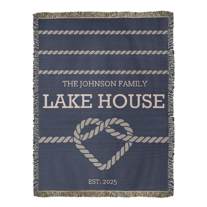 Personalized Woven Blanket for Lake House Owner - Family Name Lake House with Heart Rope
