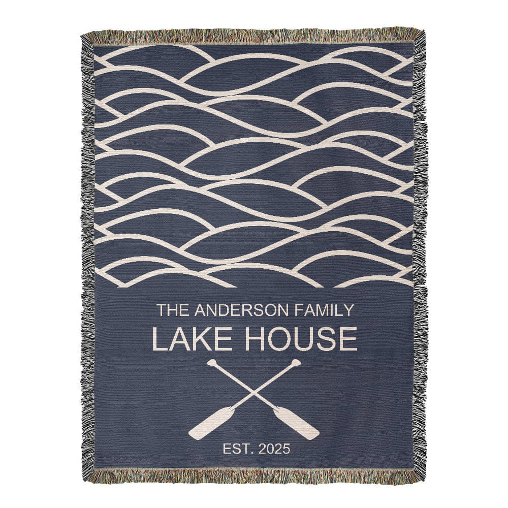 Personalized Woven Blanket for Lake House Owner - Family Name Lake House - Established - Waves and Paddles