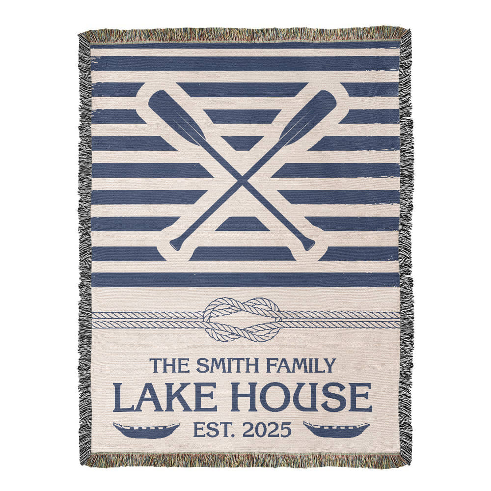 Personalized Woven Blanket for Lake House Owner - Family Name Lake House - Knot - Paddles - Canoes