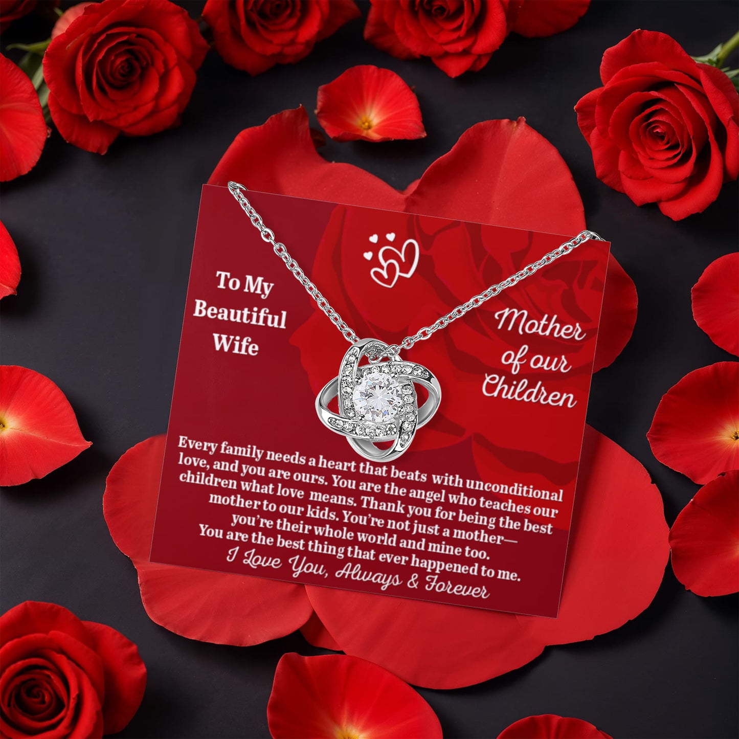 To My Beautiful Wife - Mother Of Our Children - Love Knot Necklace with Rose in a Rotating Gift Box