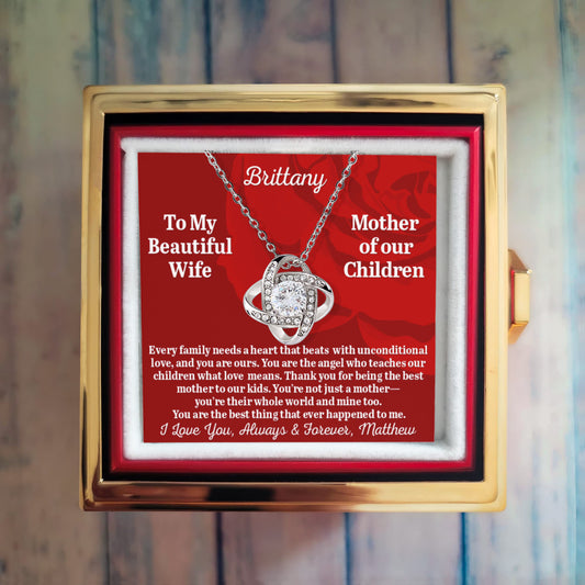 To My Beautiful Wife - Mother Of Our Children - Personalized Love Knot Necklace with Rose in a Rotating Gift Box