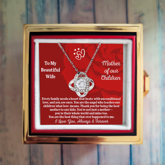 To My Beautiful Wife - Mother Of Our Children - Love Knot Necklace with Rose in a Rotating Gift Box