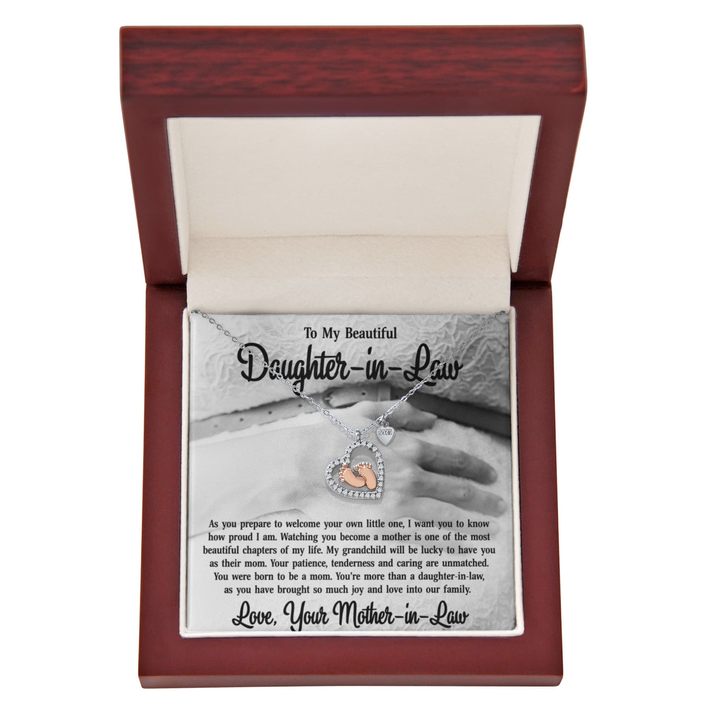 To My Daughter-in-Law-14K Rose Gold Baby Feet Necklace-You Were Born To Be A Mom