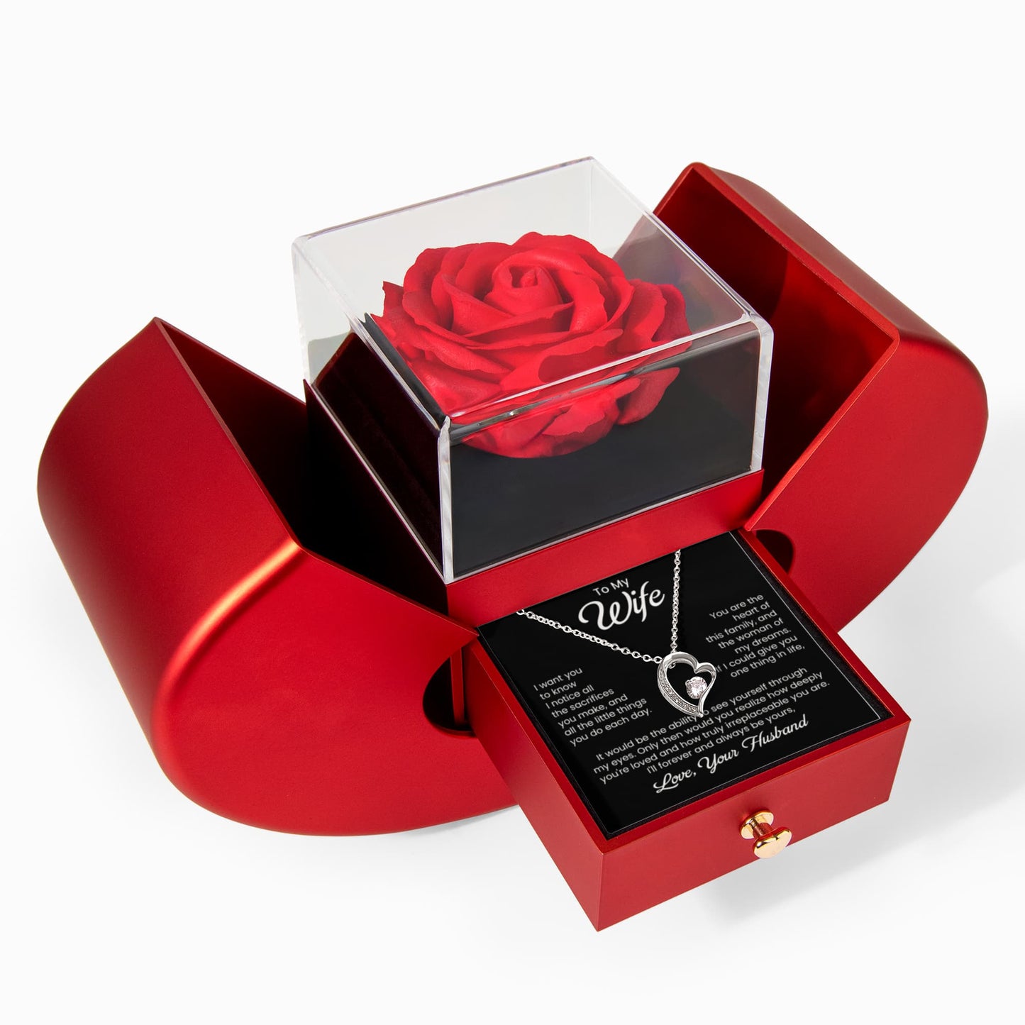 To My Wife - You Are The Heart Of This Family - Eternal Heart Love Necklace with Red Heart Rose Gift Box - Free Shipping Included