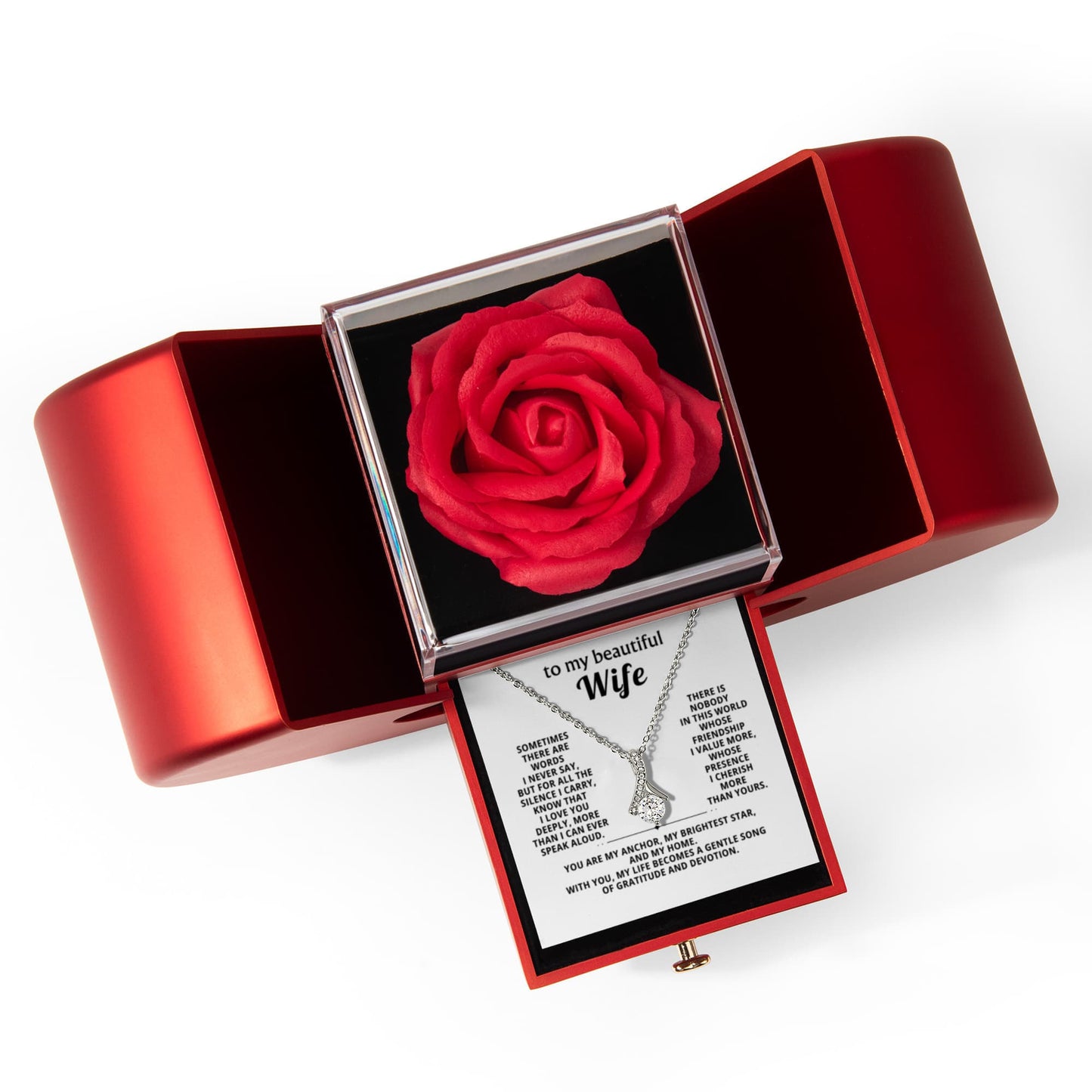 To My Wife - Gratitude and Devotion - Timeless Alluring Beauty Necklace with Red Heart Rose Gift Box - Free Shipping Included