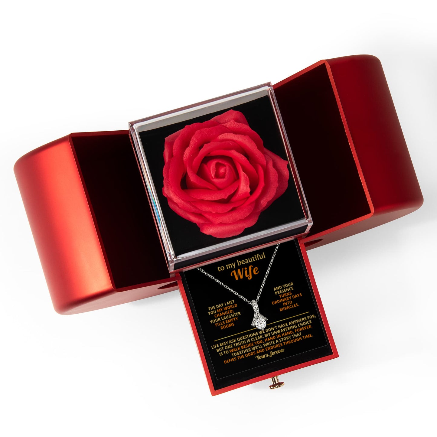 To My Wife - Hand In Hand - Timeless Alluring Beauty Necklace with Red Heart Rose Gift Box - Free Shipping Included