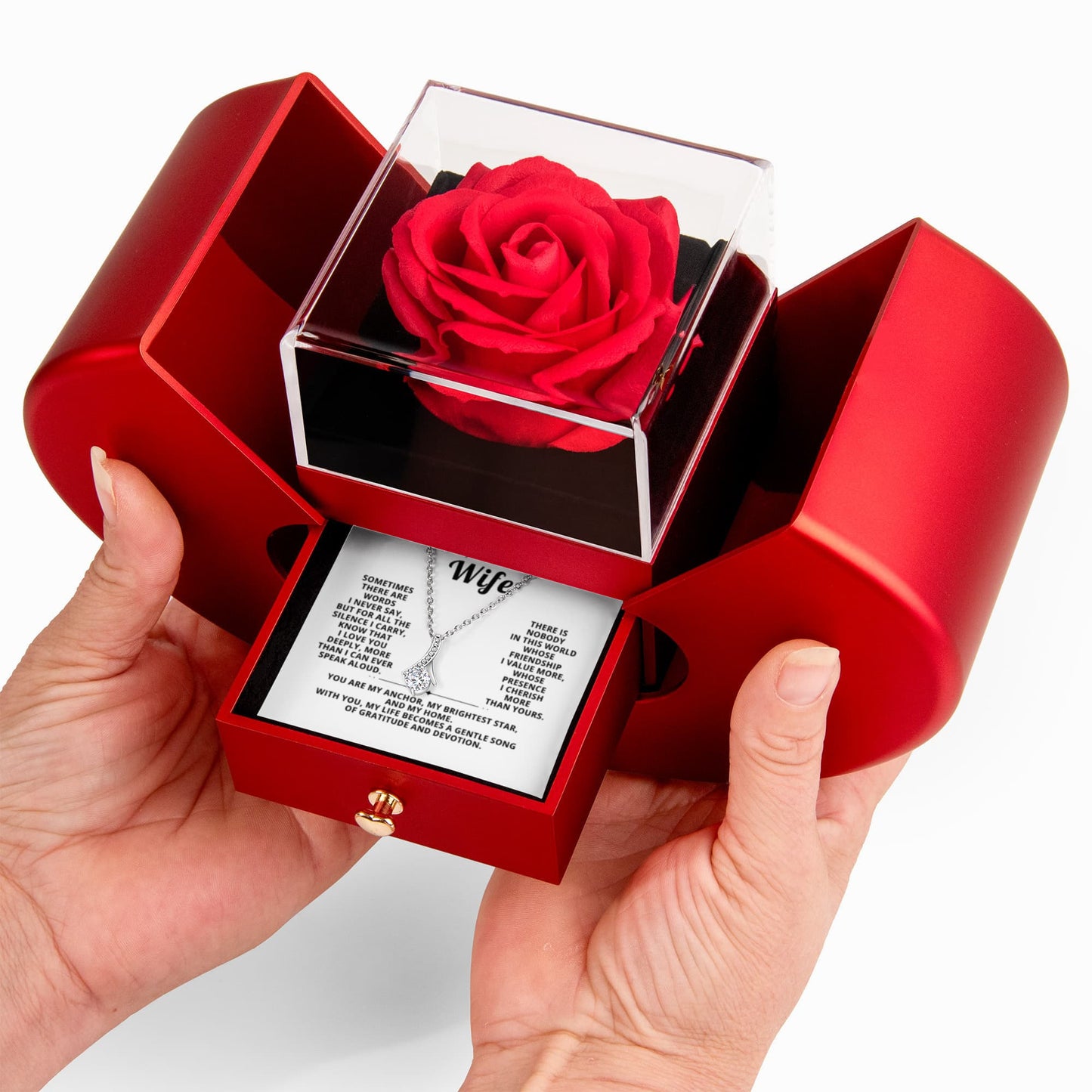 To My Wife - Gratitude and Devotion - Timeless Alluring Beauty Necklace with Red Heart Rose Gift Box - Free Shipping Included