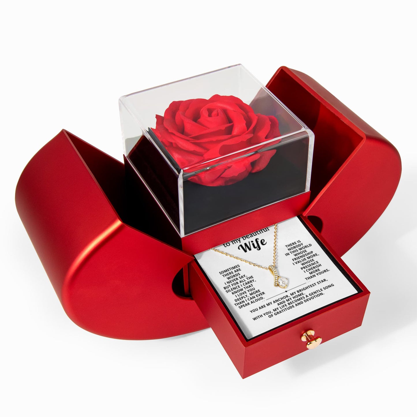 To My Wife - Gratitude and Devotion - Timeless Alluring Beauty Necklace with Red Heart Rose Gift Box - Free Shipping Included