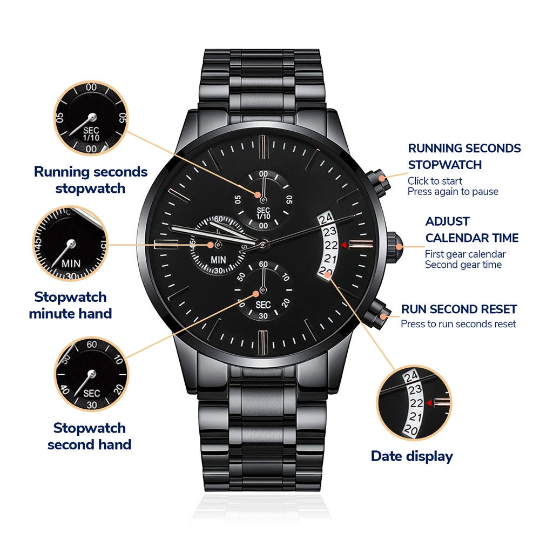 Dad Watch Gift - Certificate of Achievement - Black Chronograph Watch with Mahogany Box