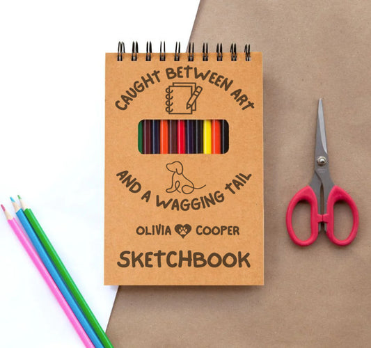 Custom Drawing Sketchbook for Dog Loving Creative Kids and Adults - 12 Coloring Pencils - Personalized Sketch Pad Gift for Young Artist