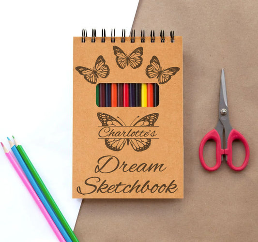 Custom Drawing "Butterfly Dreams" Sketchbook for Creative Kids and Adults- 12 Coloring Pencils - Personalized Sketch Pad Gift for Young Artist