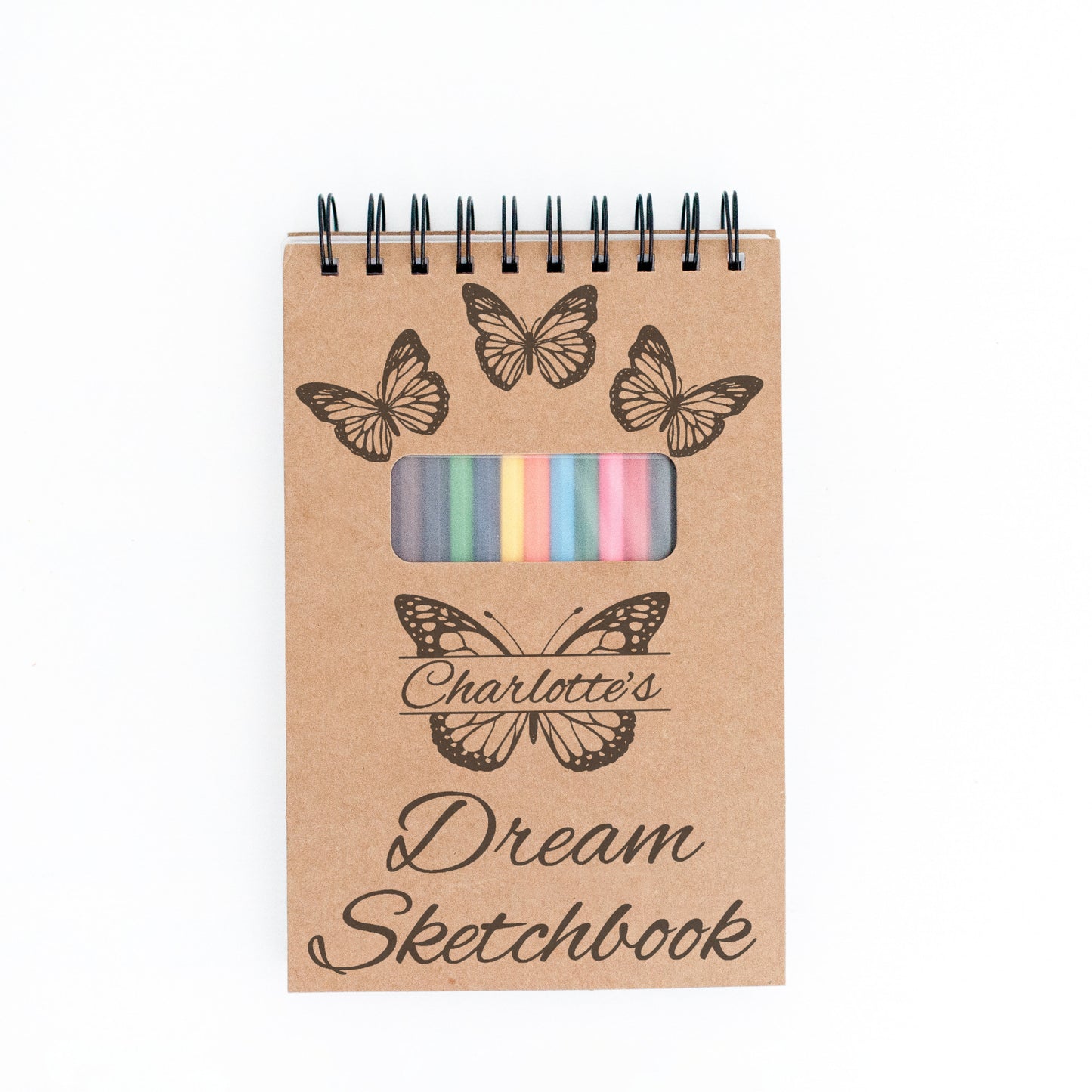 Custom Drawing "Butterfly Dreams" Sketchbook for Creative Kids and Adults- 12 Coloring Pencils - Personalized Sketch Pad Gift for Young Artist