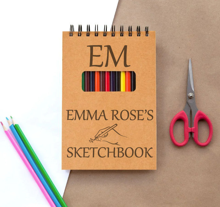 Custom Name and Initials Drawing Sketchbook for Creative Kids and Adults- 12 Coloring Pencils - Personalized Sketch Pad Gift for Young Artist (Copy) (Copy)