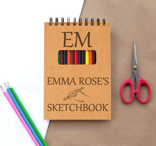 Custom Name and Initials Drawing Sketchbook for Creative Kids and Adults- 12 Coloring Pencils - Personalized Sketch Pad Gift for Young Artist (Copy) (Copy) (Copy)