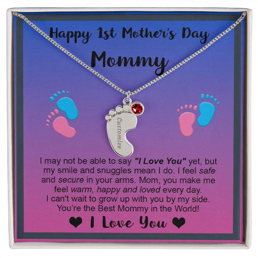 Mommy's First Mothers Day Gift- Engraved Baby Feet Necklace with Birthstone