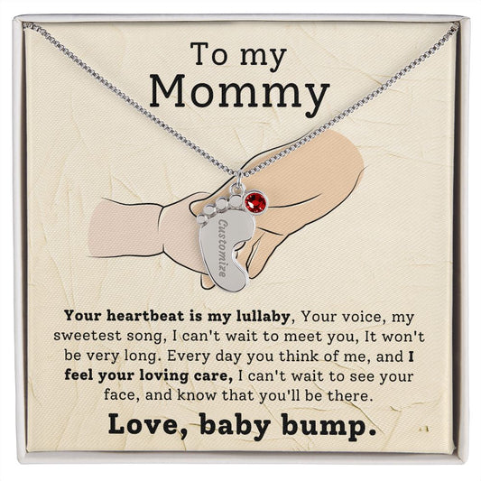 Mommy To Be - Engraved Baby Feet Necklace with Birthstone - Your Heartbeat Is My Lullaby- w/o lux box