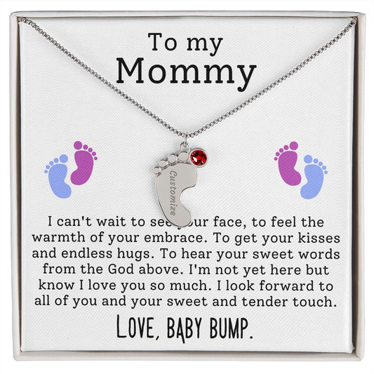 Mommy To Be - Engraved Baby Feet Necklace with Birthstone - Endless Hugs - w/o lux box