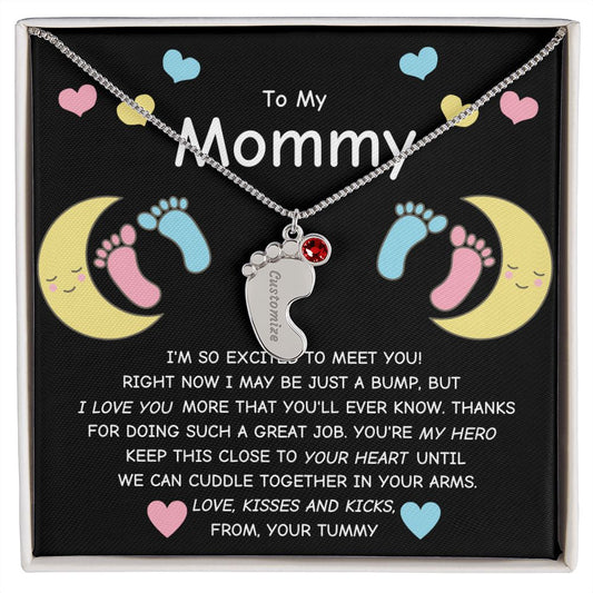 Mommy To Be - Engraved Baby Feet Necklace with Birthstone - You're My Hero- wo lux box