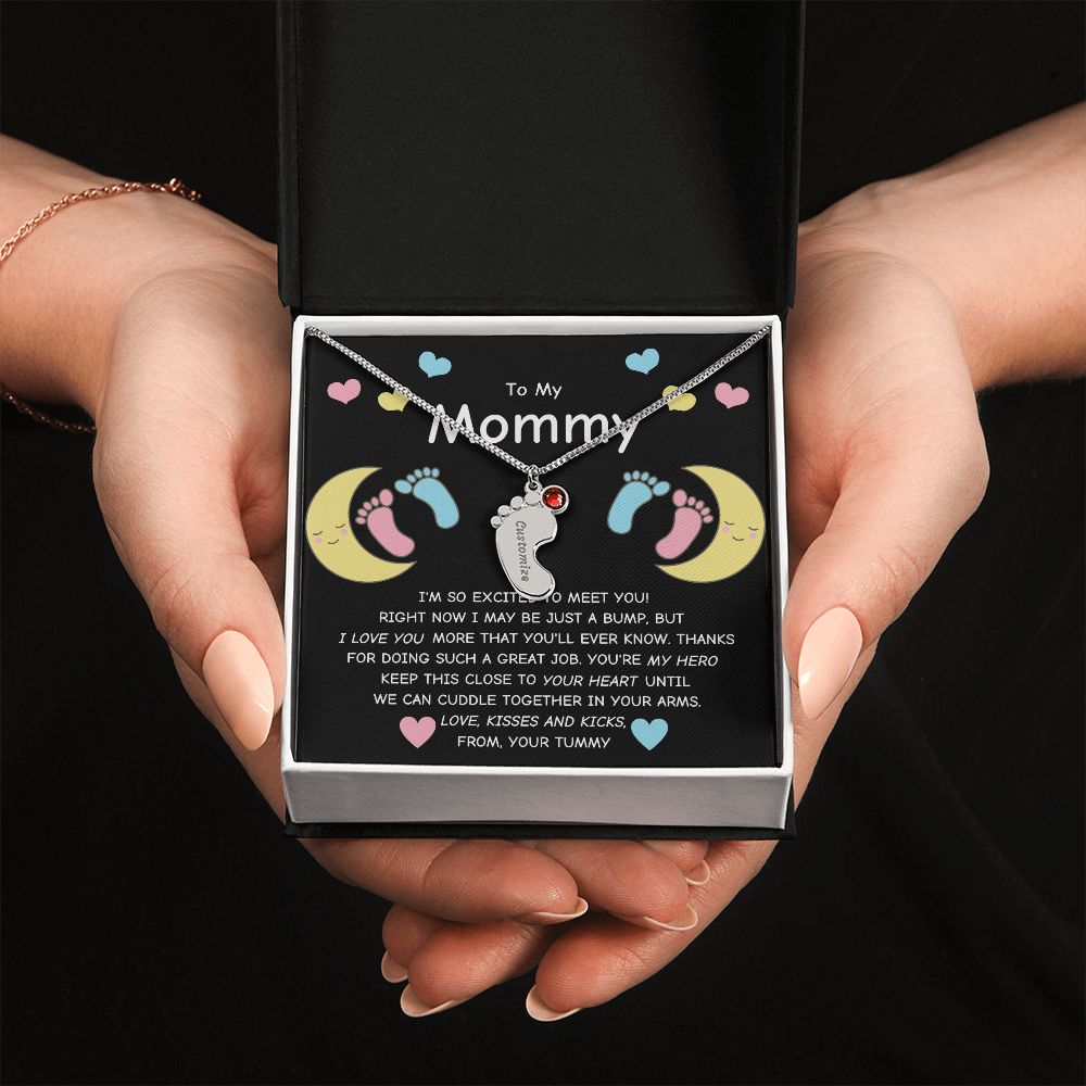 Mommy To Be - Engraved Baby Feet Necklace with Birthstone - You're My Hero- wo lux box