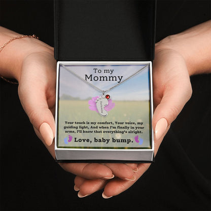Mommy To Be - Engraved Baby Feet Necklace with Birthstone - Your Touch Is My Comfort- w/o lux box