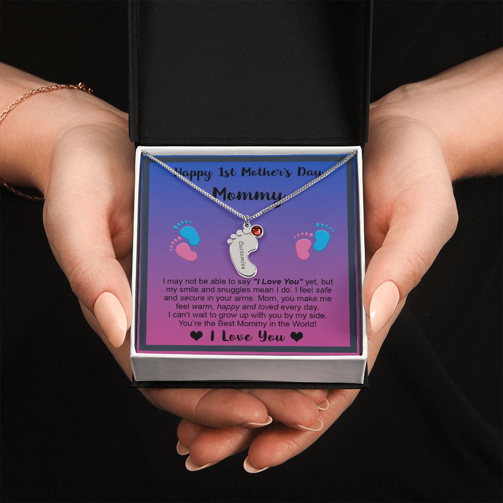 Mommy's First Mothers Day Gift- Engraved Baby Feet Necklace with Birthstone - Dup 2