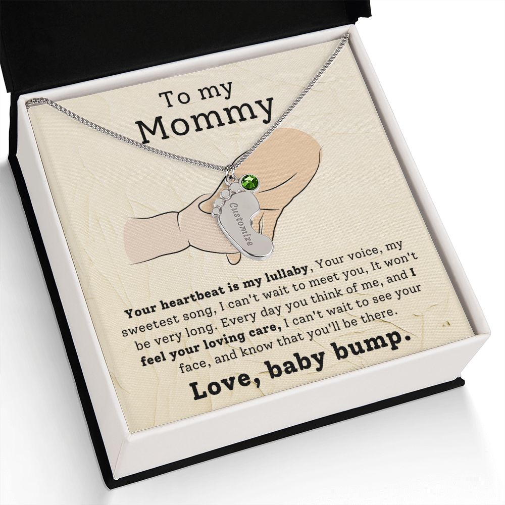 Mommy To Be - Engraved Baby Feet Necklace with Birthstone - Your Heartbeat Is My Lullaby- w/o lux box