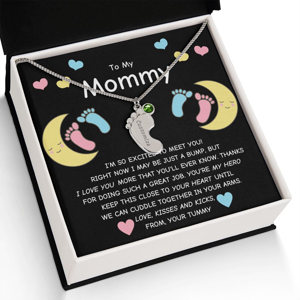 Mommy To Be - Engraved Baby Feet Necklace with Birthstone - You're My Hero- wo lux box