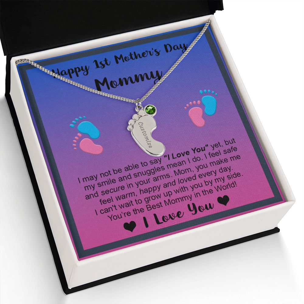 Mommy's First Mothers Day Gift- Engraved Baby Feet Necklace with Birthstone - Dup 2