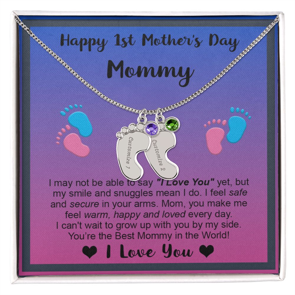 Mommy's First Mothers Day Gift- Engraved Baby Feet Necklace with Birthstone - Dup 2