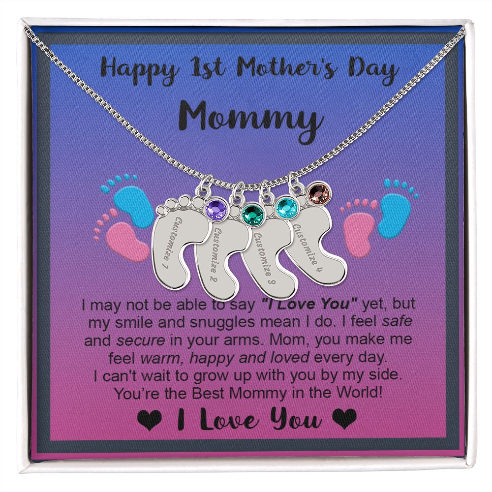 Mommy's First Mothers Day Gift- Engraved Baby Feet Necklace with Birthstone - Dup 2