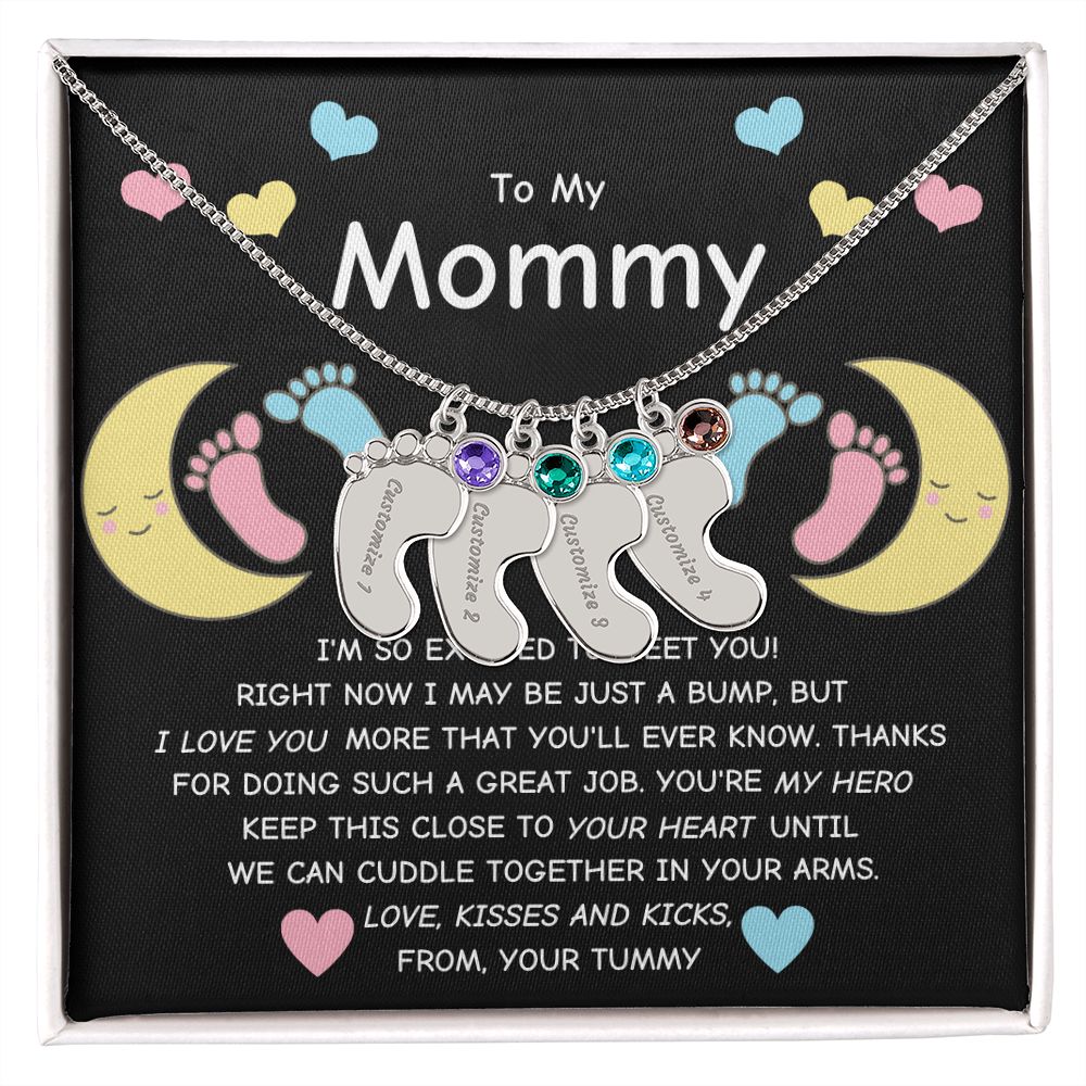 Mommy To Be - Engraved Baby Feet Necklace with Birthstone - You're My Hero- wo lux box